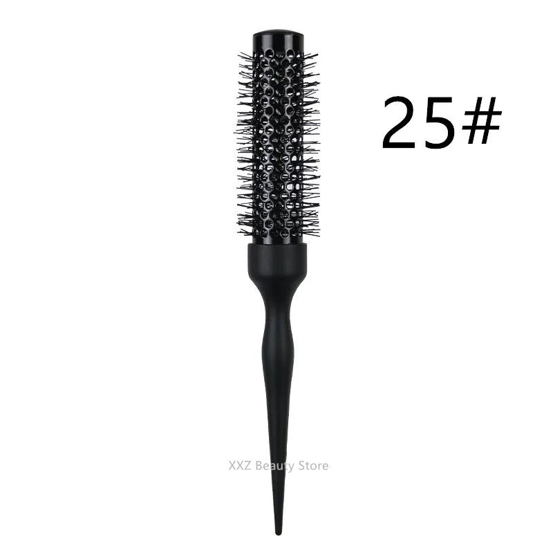 A black professional curly round hair comb with elastic teeth, labeled 25#.