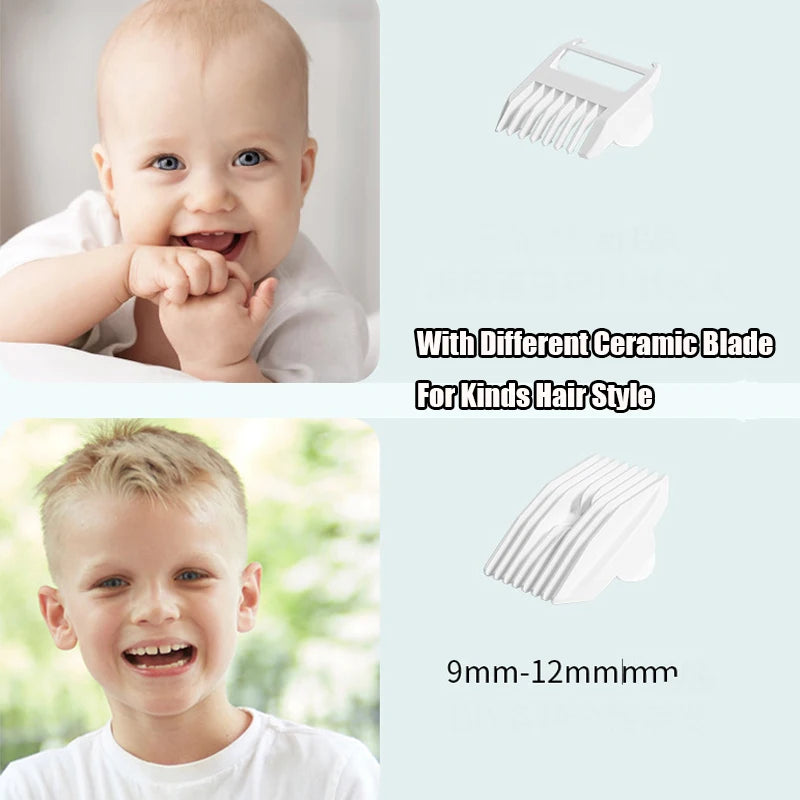 Keramische Haarschere für Kinder neben einem Porträt eines jungen Kindes.