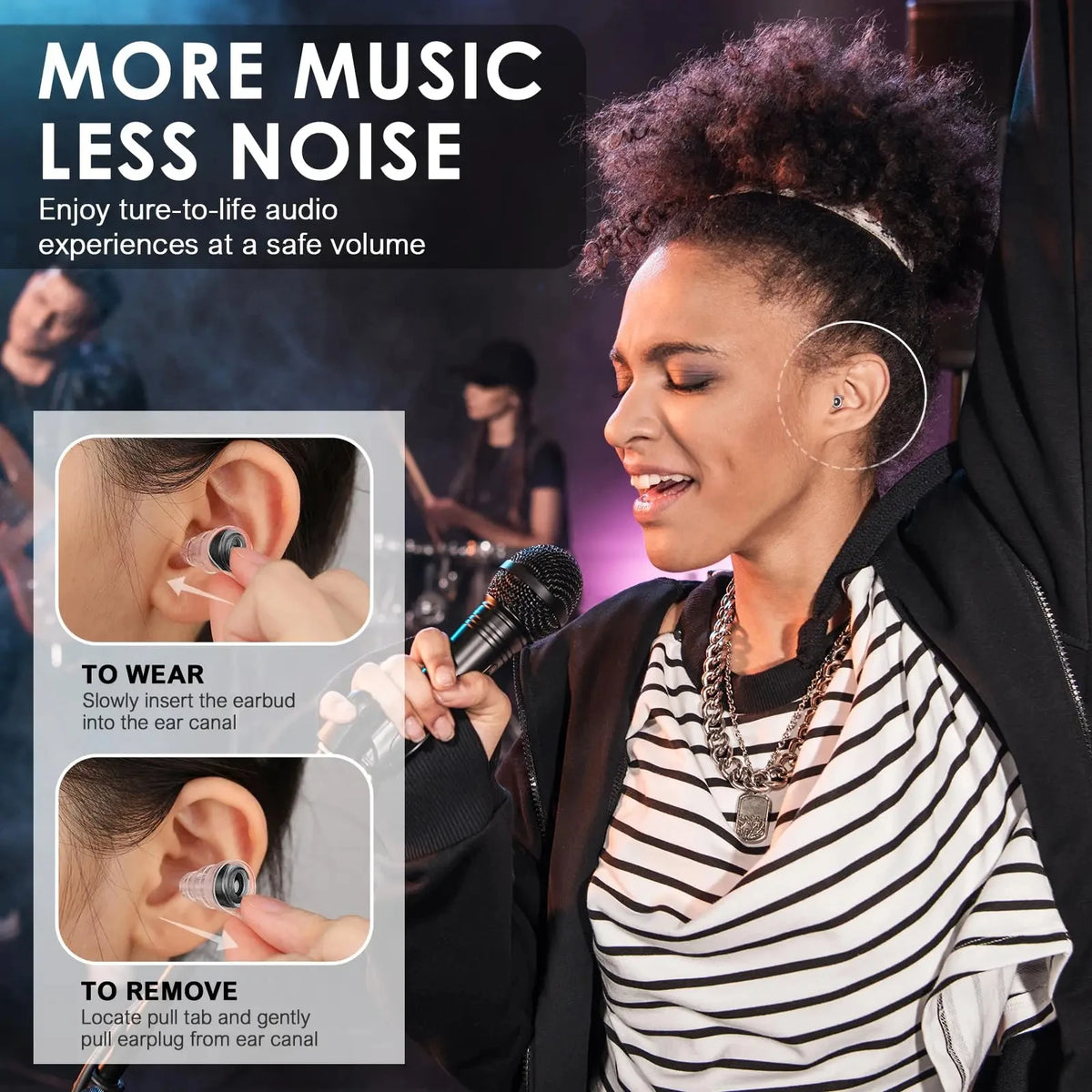 A woman is shown using high fidelity silicone earplugs for music, demonstrating how to wear and remove them.