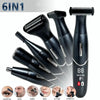 A set of six in one electric grooming tools including body and facial trimmers shown with usage examples.