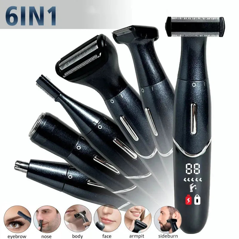 A set of six in one electric grooming tools including body and facial trimmers shown with usage examples.