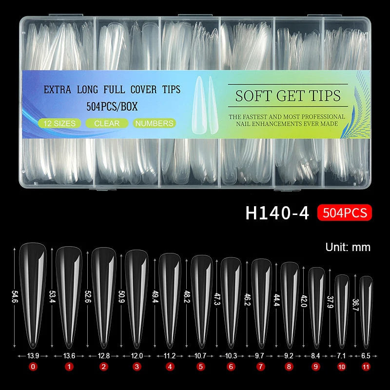 Une boîte de 504 pièces de H140-4 pour les tips de vernis à ongles de différentes tailles.