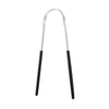 Raspador de lengua de acero inoxidable con mango metálico y agarre negro para higiene oral.