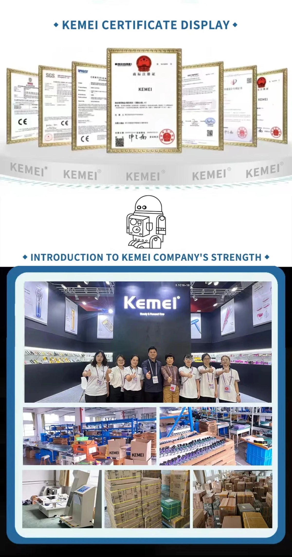 Display of Kemei certificates and images of a company facility showing various products.