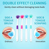 A set of double effect cleaning tools including a tongue brush and a tongue scraping tool for oral hygiene