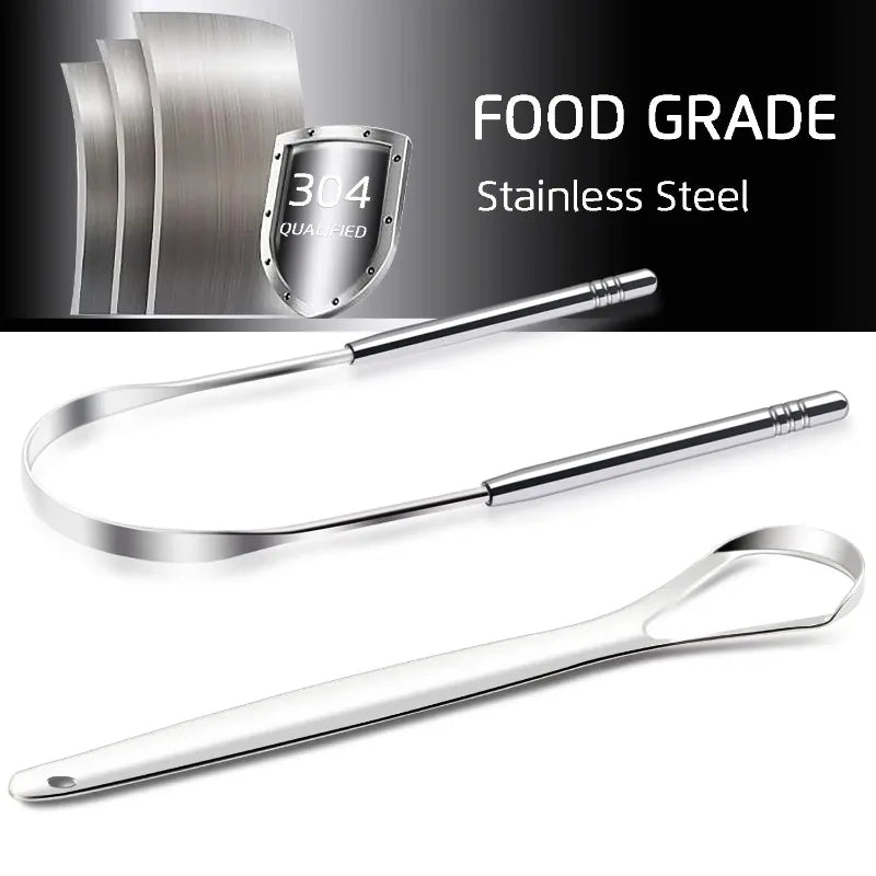 A set of stainless steel tongue scrapers shown in various forms and angles.