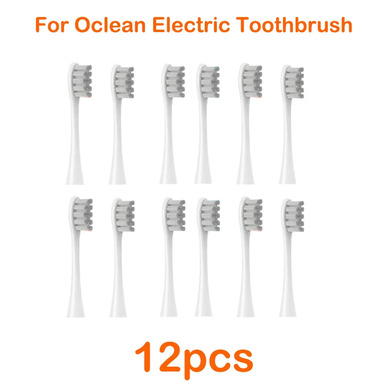 Twelve replacement brush heads for an Ocean electric toothbrush are displayed.