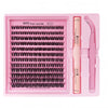 A pink tray containing a DIY lash extension kit with bond, seal, and remover tools.