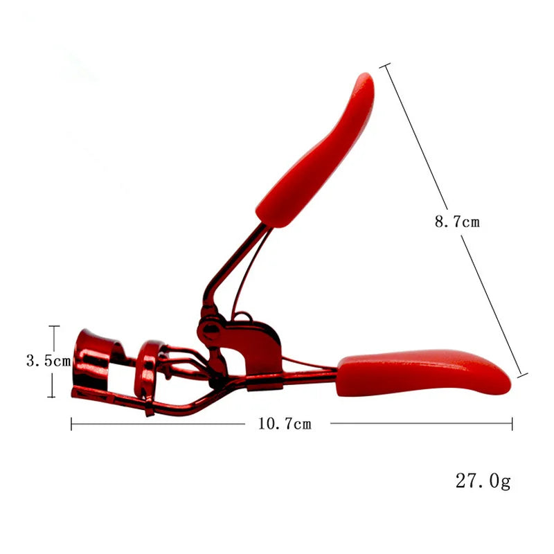 A red professional eyelash curler set with a curved tool and a handle.