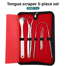 A red pouch containing a 5-piece stainless steel tongue scraper set for oral hygiene.