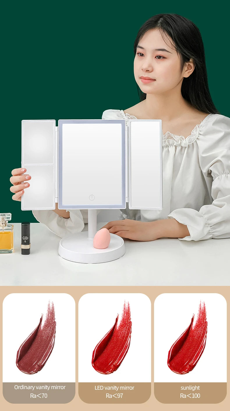 Foldable LED makeup mirror showing different reflectivity levels for vanity use
