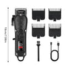 A black professional cordless hair clipper set with various guards and attachments for beard and hair trimming.