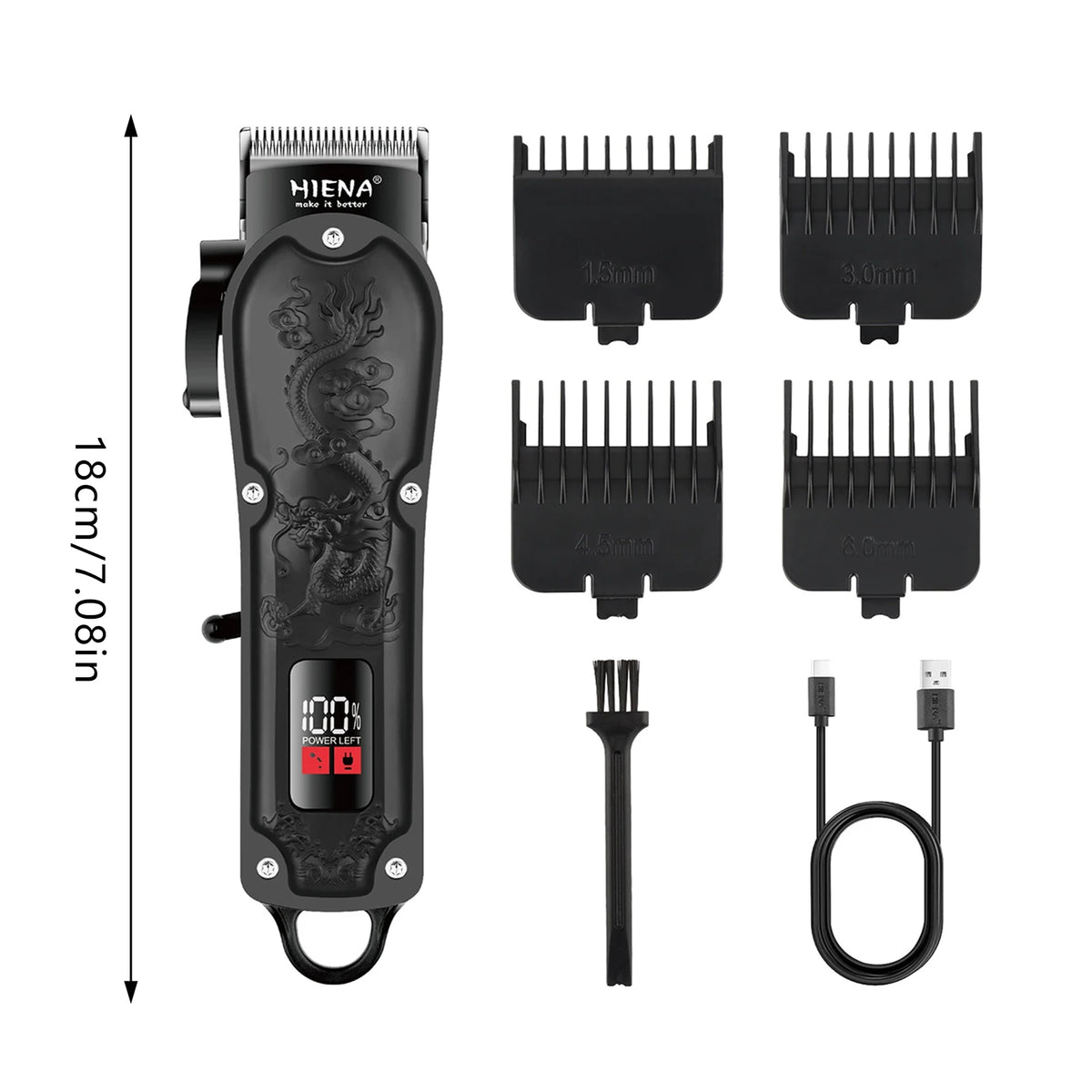 A black professional cordless hair clipper set with various guards and attachments for beard and hair trimming.