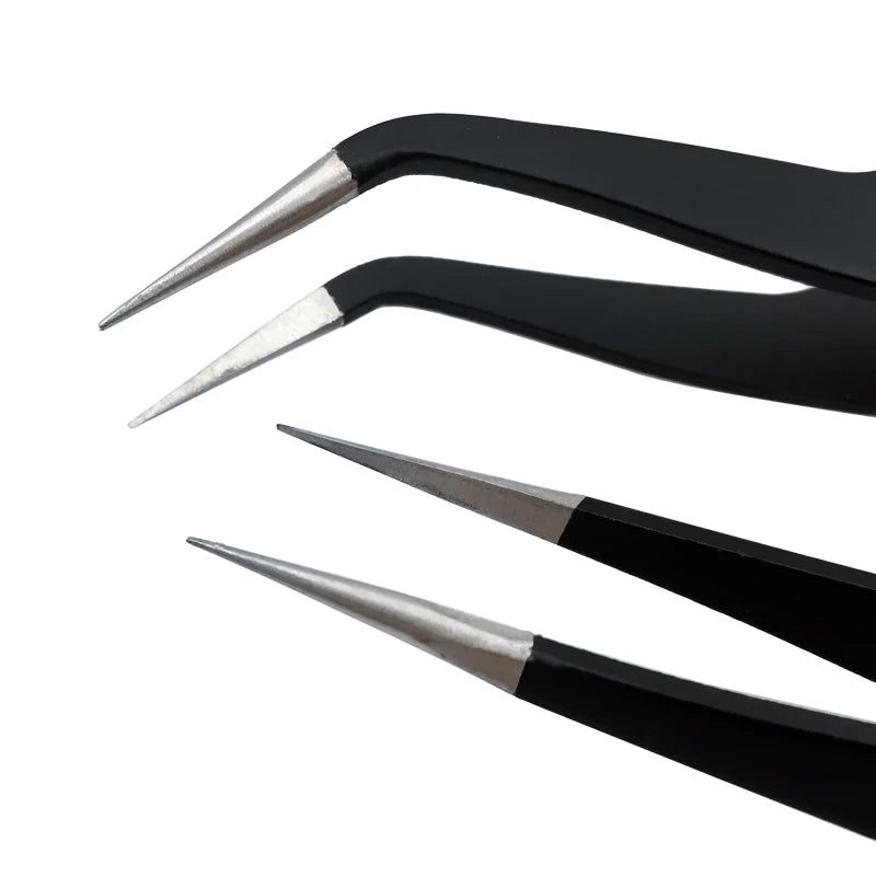 A pair of black tweezers with stainless steel tips used for false lashes.