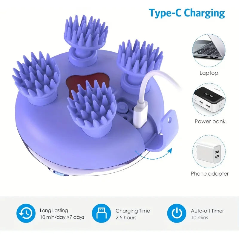 Purple Type-C charging scalp massager device shown with various accessories like a laptop, power bank, and phone adapter.