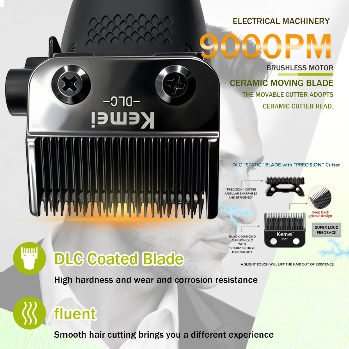 A close-up view of a black Kemei electric hair clipper with a ceramic moving blade and DLC coating.
