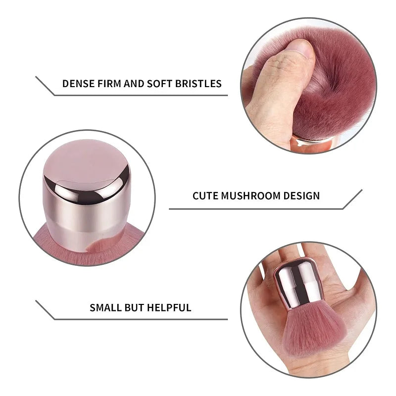 Gros plan d'un pinceau à ongles professionnel rose en forme de champignon avec des poils doux et un design mignon.
