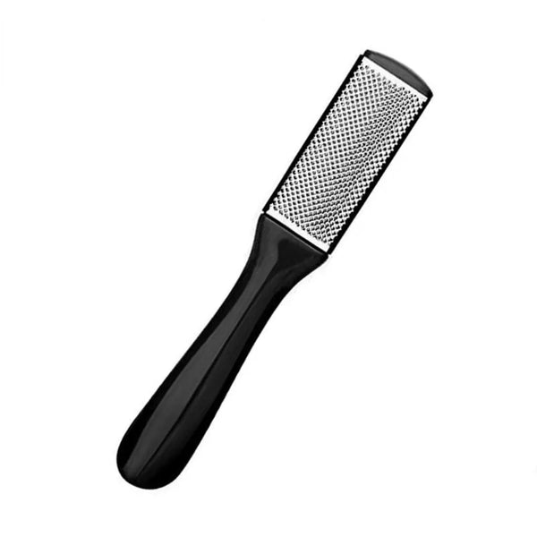 A black handle with a stainless steel foot scrubber and callus remover tool.