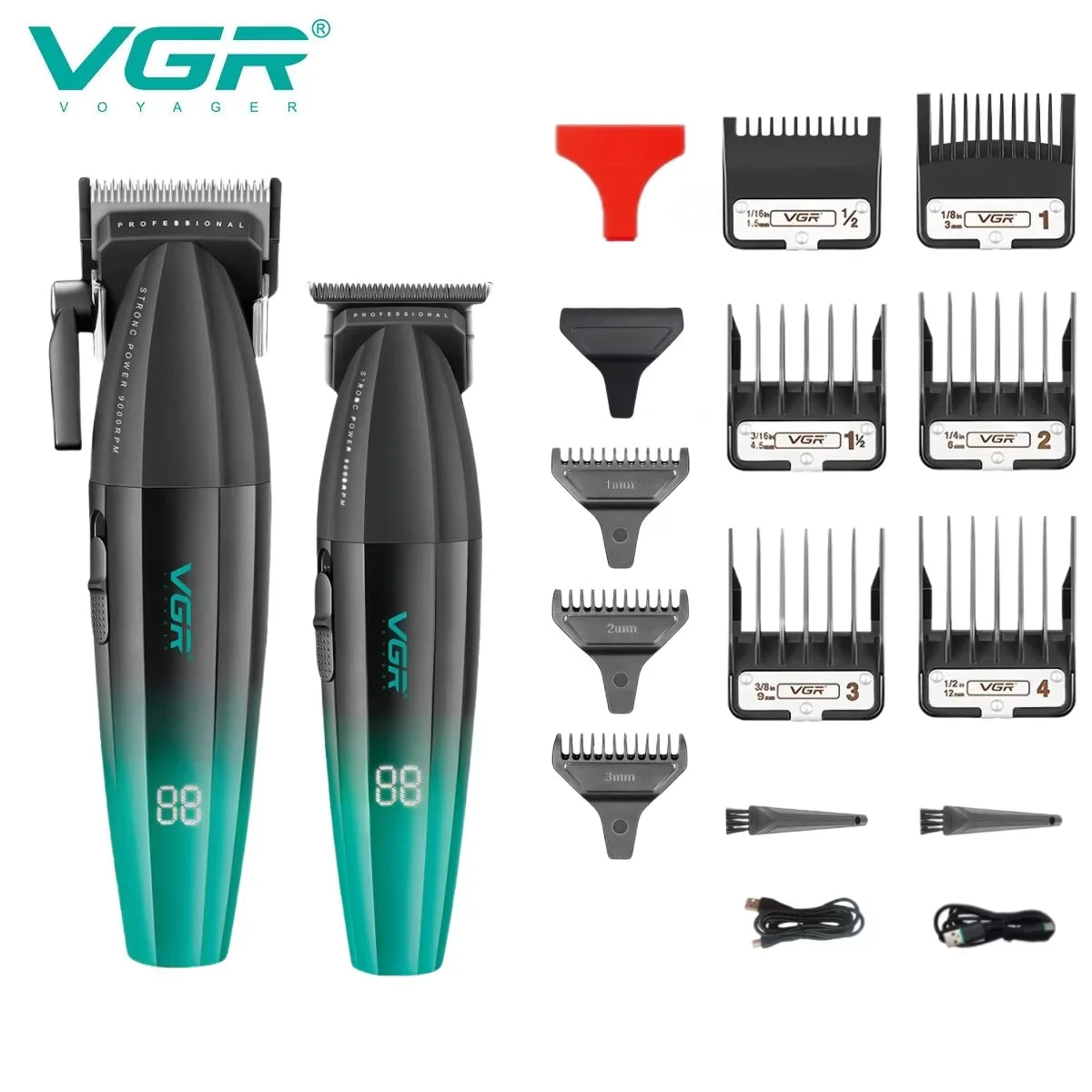 A set of professional cordless hair trimmers and attachments in black and teal colors.