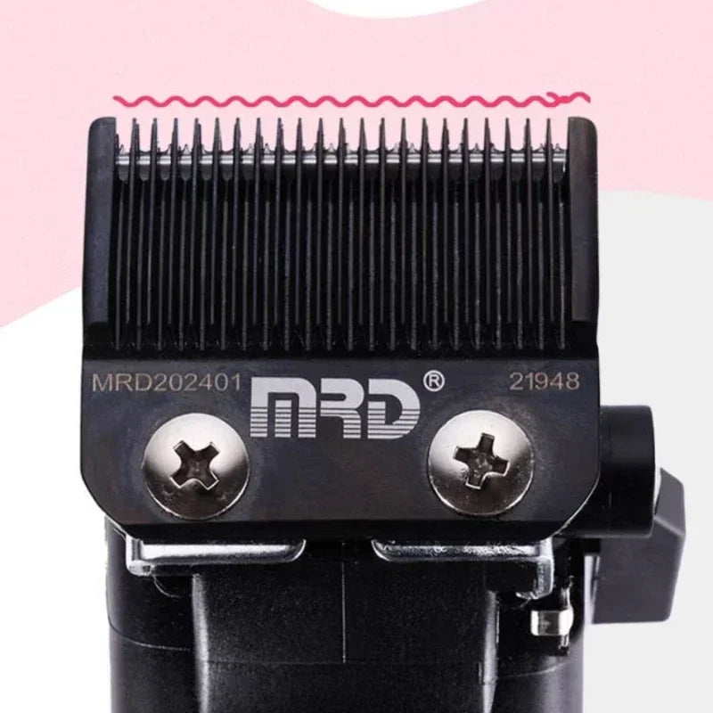 A close-up view of a black professional cordless hair clipper with a metal comb and branding.