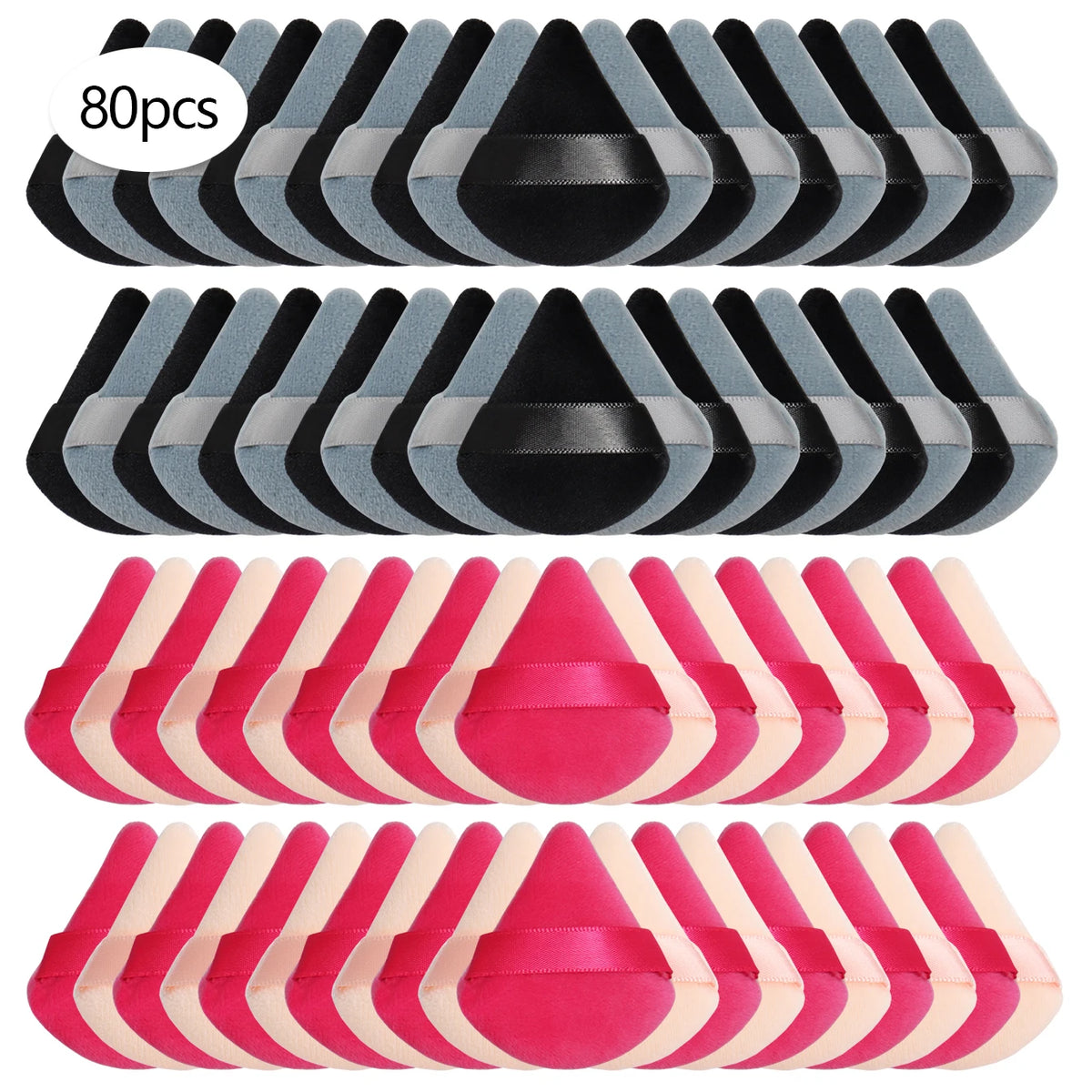 Un ensemble de puffs triangulaires en poudre noirs, gris et rose, disposés en rangées.
