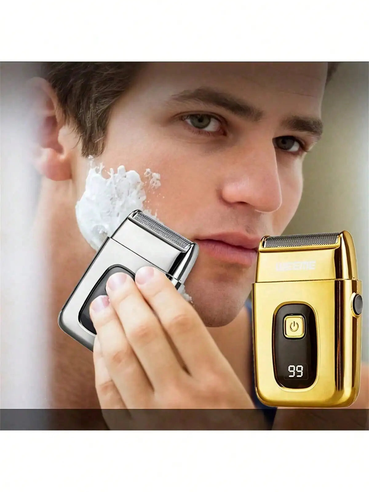 A man is using a gold-colored electric foil shaver on his face.