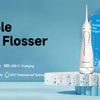 A white portable oral irrigator device is displayed on a blue and white stand with various tips.