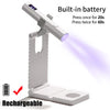 A portable UV nail lamp with a built-in battery and rechargeable base, showing how to operate the light.