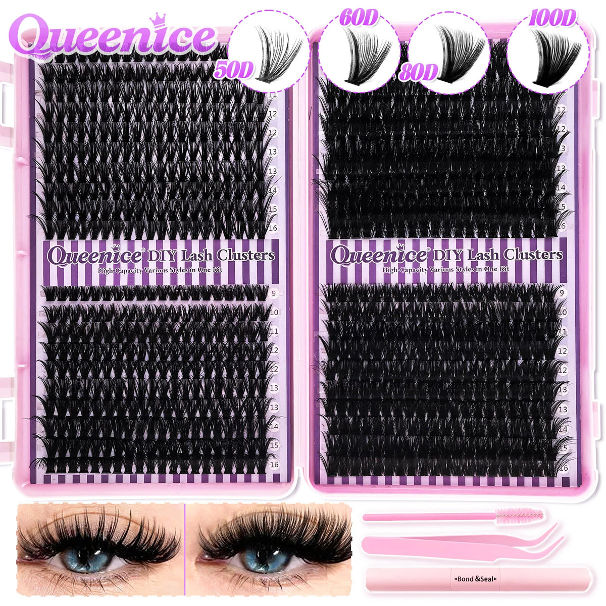 A kit of Queenice DIY lash clusters featuring various lengths and styles for eyelash extensions.