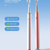 Two electric toothbrushes, one silver and one pink, are displayed against a blue background with cleaning mode options.