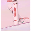A pink double-head electric shaver is shown with instructions for shaving the head and knife root.