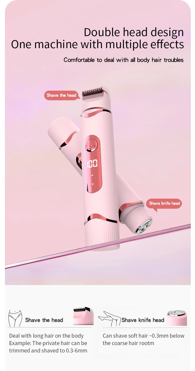 A pink double-head electric shaver is shown with instructions for shaving the head and knife root.