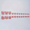 A row of press-on acrylic false toenails in various shades of pink and nude tones.
