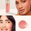 A cosmetic product featuring a pink liquid blush stick and models showcasing its use on their skin.