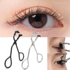 Stainless steel eyelash curler tools shown with an eye and a close-up of the tool.