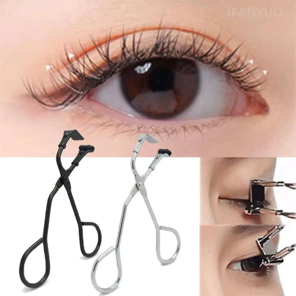 Stainless steel eyelash curler tools shown with an eye and a close-up of the tool.