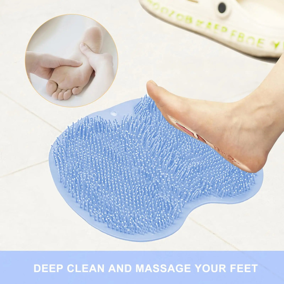A blue silicone foot scrubber is shown being used to clean and massage the sole of a foot.