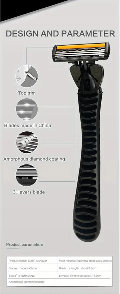 A black manual razor with an orange guard and a textured handle, showing its design parameters.