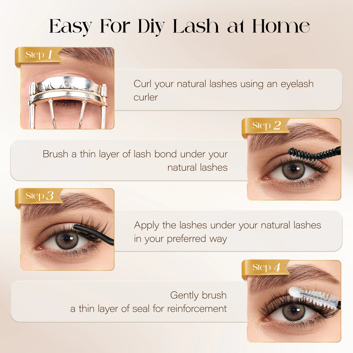 Step-by-step guide showing how to apply and reinforce lashes using an eyelash curler and adhesive kit