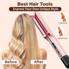 Plancha y secador de pelo rosa 2 en 1 que demuestra la diferencia entre peinados de cabello grueso y suave.