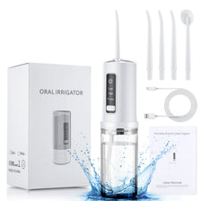 A white portable electric oral irrigator device shown next to its box and a glass container filled with water.