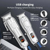 Two professional cordless hair clippers showing various USB charging options and working times