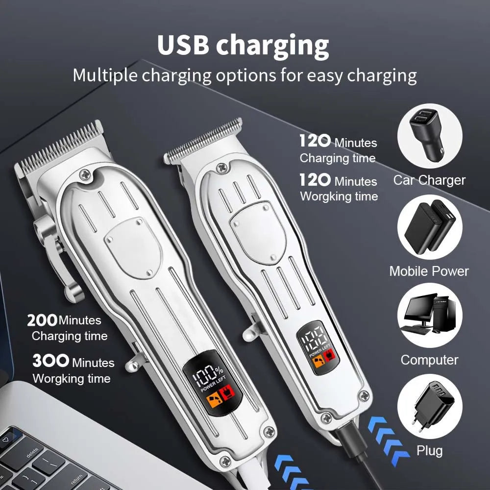 Two professional cordless hair clippers showing various USB charging options and working times