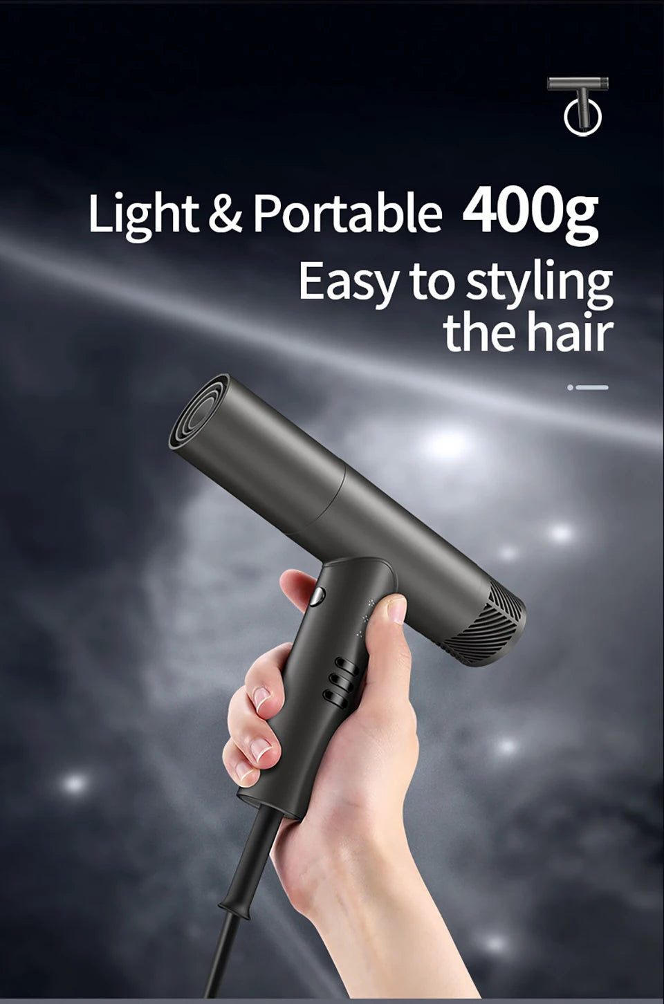 A hand holds a black portable hair styling tool, demonstrating its use for styling the hair.