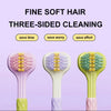 Set of three-sided cleaning fine soft hair brushes in pink, purple, and green colors