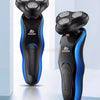 A black and blue multi-function electric shaver with a textured head is shown in a vertical orientation.