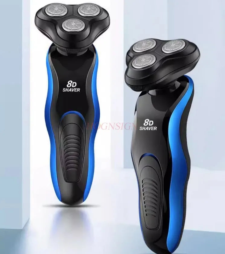 A black and blue multi-function electric shaver with a textured head is shown in a vertical orientation.