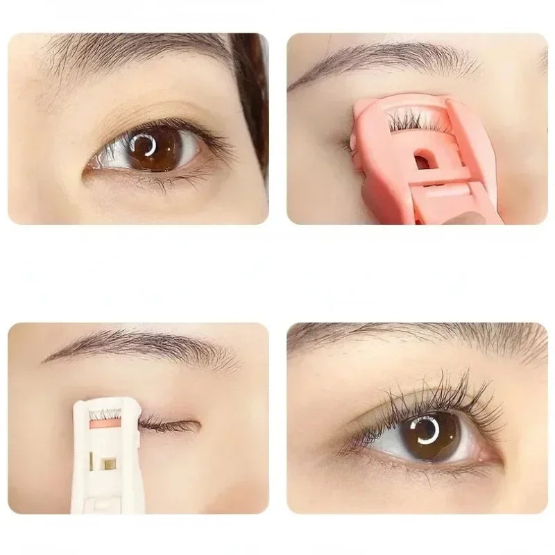 Un ensemble de recourbe-cils à griffes de chat rose et blanc, montrés sous différents angles pour recourber les cils.