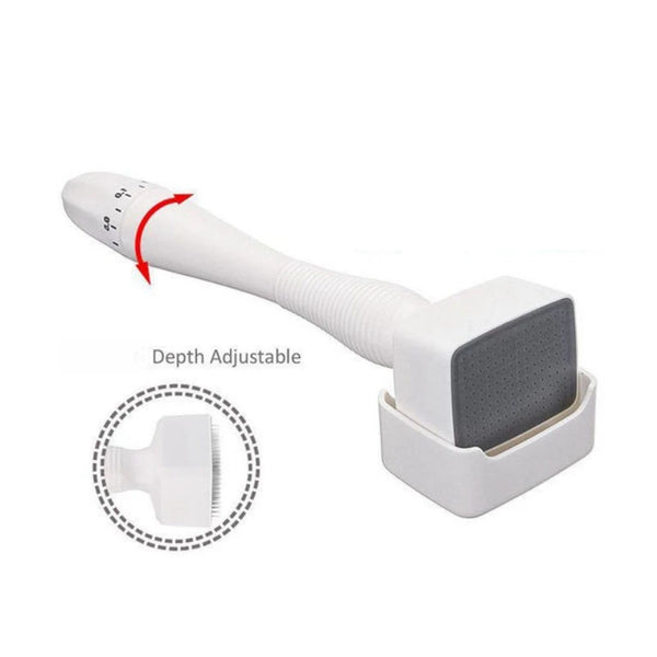 A white adjustable microneedling derma stamp device with a handle and a square applicator head.