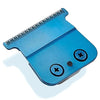A close-up view of a blue replacement blade for trimmers, featuring a serrated edge and multiple circular holes.